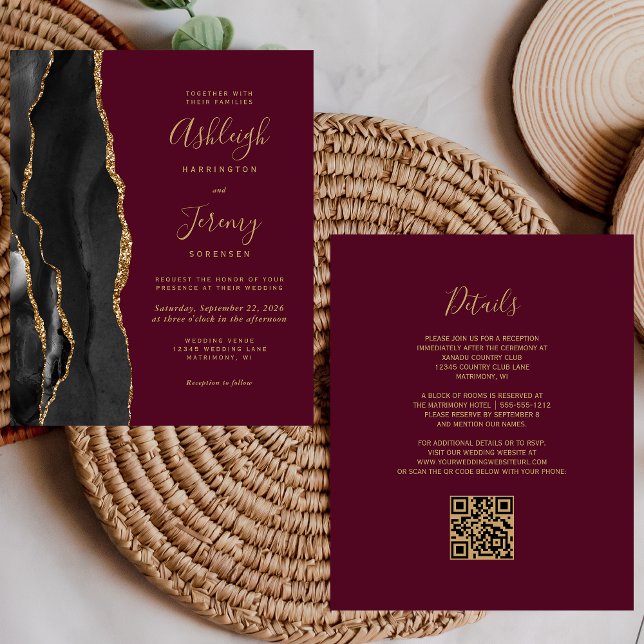 Carte d'invitation de mariage à code QR Burgundy B (Créateur téléchargé)