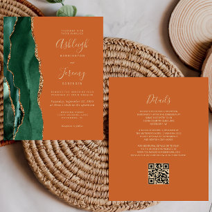 Carte d'invitation de mariage à code QR vert émera