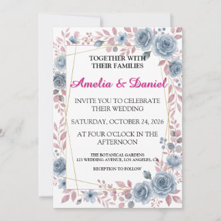 Carte d'invitation de mariage à fleurs en bleu pou