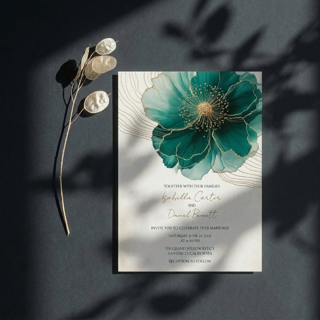 Carte d'invitation de mariage à fleurs sarcelle et (Créateur téléchargé)