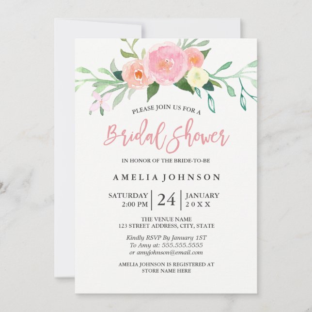 Carte d'invitation de mariage aquarelle florale bo (Devant)