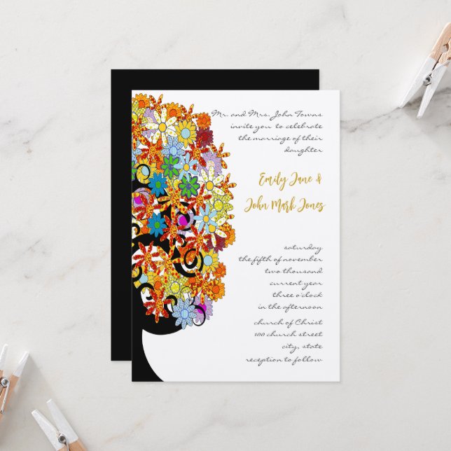 Carte d'invitation de mariage arbre d'amour de fle (Devant/Arrière en situation)
