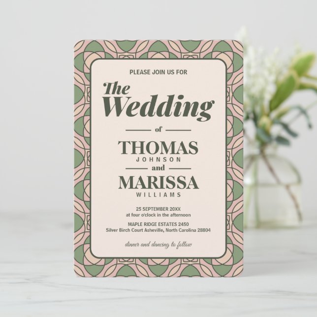 Carte d'invitation de mariage Art Déco Vert Sauge  (Debout devant)
