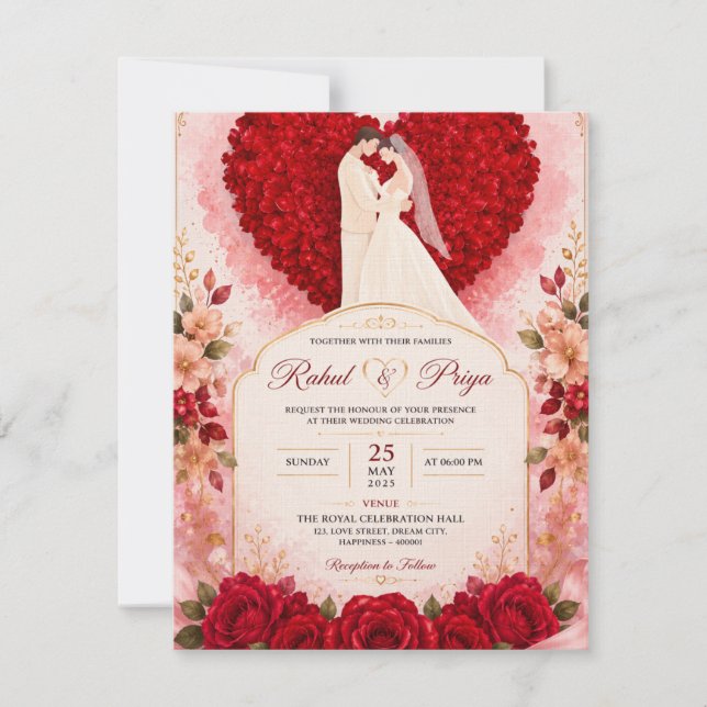 Carte d'invitation de mariage au cœur de roses rou (Devant)