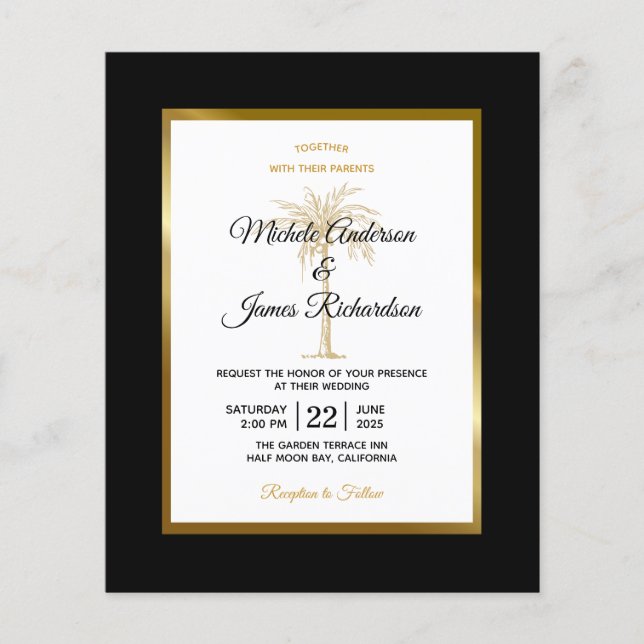 Carte d'invitation de mariage au palmier en or à p (Devant)