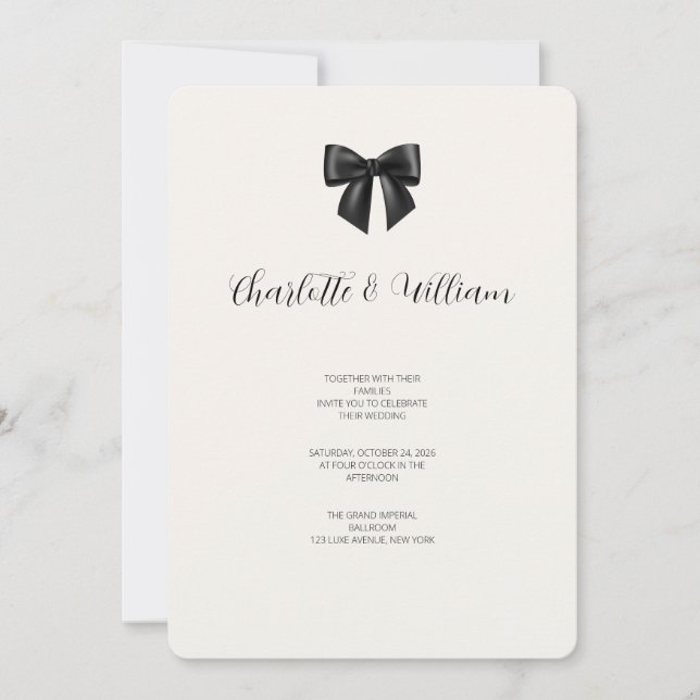 Carte d'invitation de mariage au ruban noir élégan (Devant)