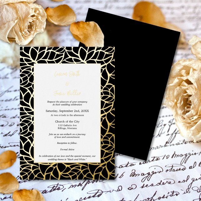 Carte d'invitation de mariage aux feuilles de papi (Black Gold Foil Leaves Wedding Invitation Card)