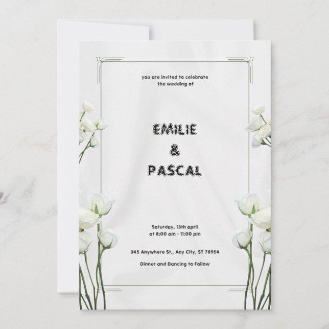 Carte d'invitation de mariage aux fleurs blanches (Devant)