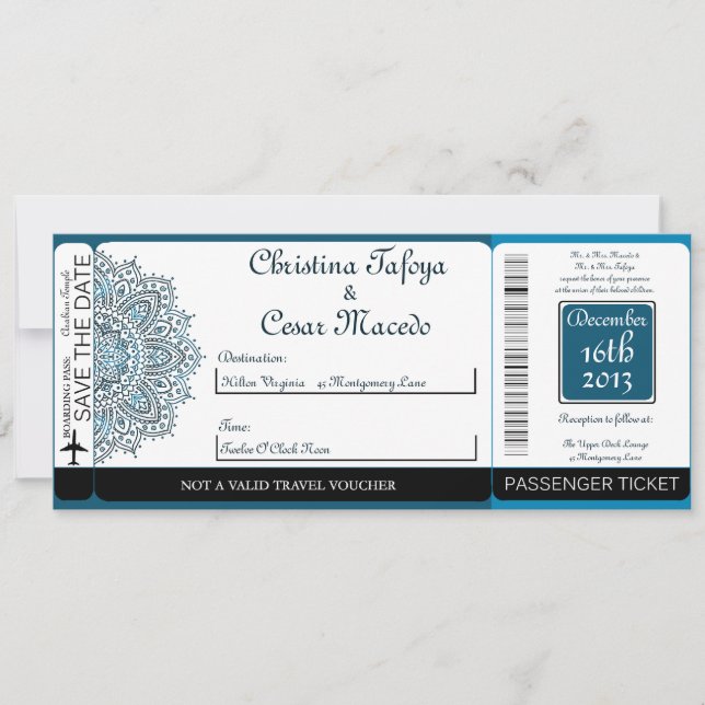 Carte d'invitation de mariage avec carte d'embarqu (Devant)