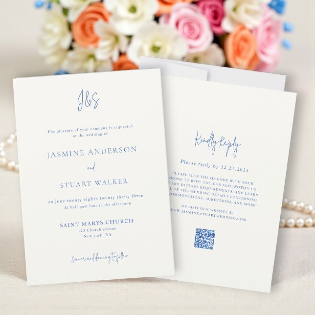 Carte d'invitation de mariage bleu crème moderne a (Créateur téléchargé)