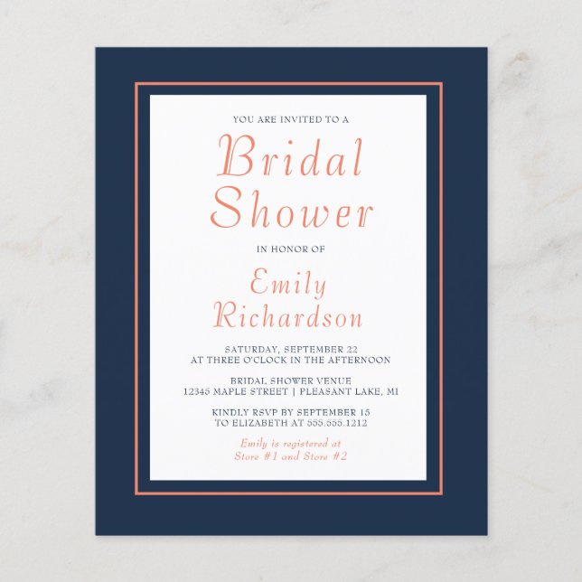 Carte d'invitation de mariage bleu marine corail B (Devant)