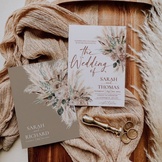 Carte d'invitation de mariage bohème rustique tan  (Desert Fall Wedding Invite Template Printable | Neutral Beige Terracotta Pampas)