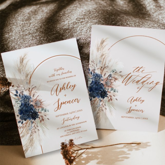 Carte d'invitation de mariage Boho Navy Pampas (Boho Navy Pampas Wedding Invitation Card)