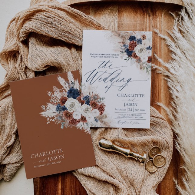 Carte d'invitation de mariage Boho Rust Navy pour  (Boho Rust Navy Wedding Invitation Card | Fall Rustic Bohemain Terracotta Invite (Front and Back))