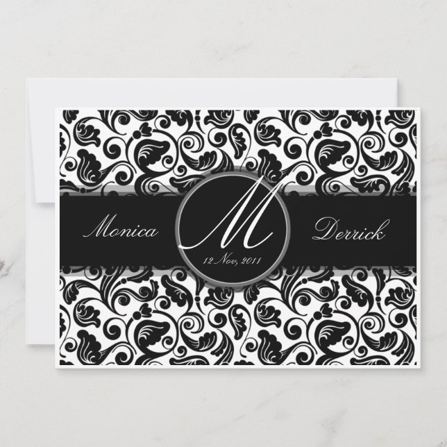 Carte d'invitation de mariage classique noir et bl (Devant)