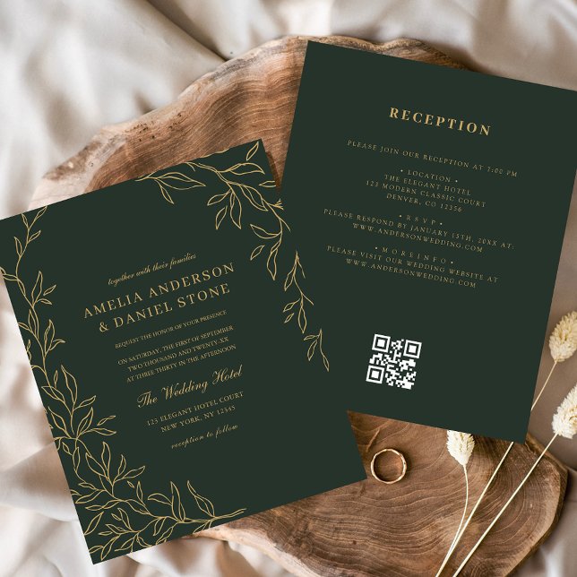 Carte d'invitation de mariage Code QR Vert Or à pe (Créateur téléchargé)