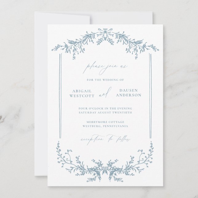 Carte d'invitation de mariage Cottage Bleu Poussié (Devant)