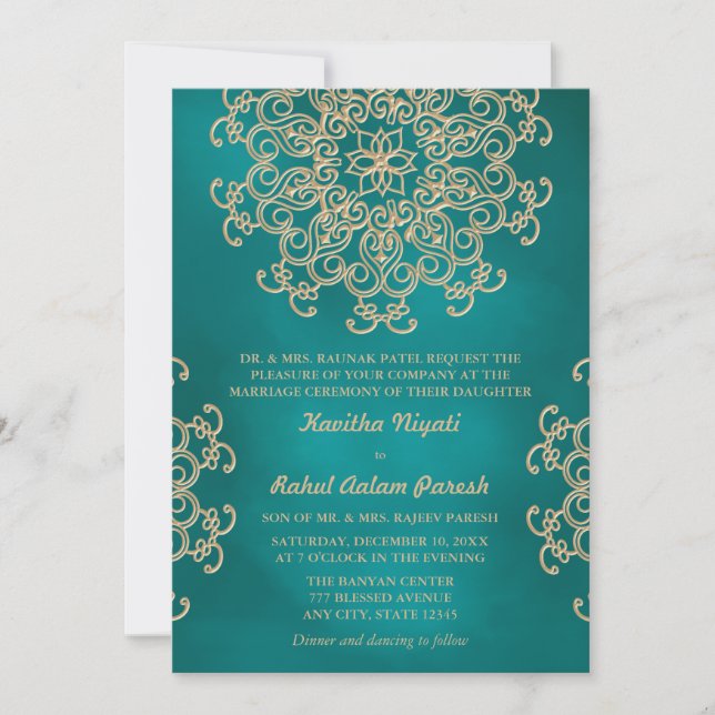 CARTE D'INVITATION DE MARIAGE DE STYLE INDIEN TEAL (Devant)