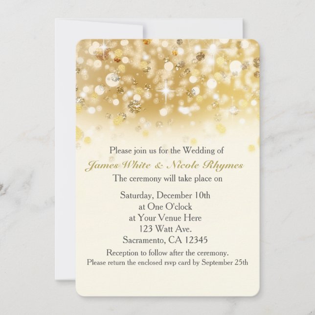 Carte d'invitation de mariage de vacances dorée sc (Devant)