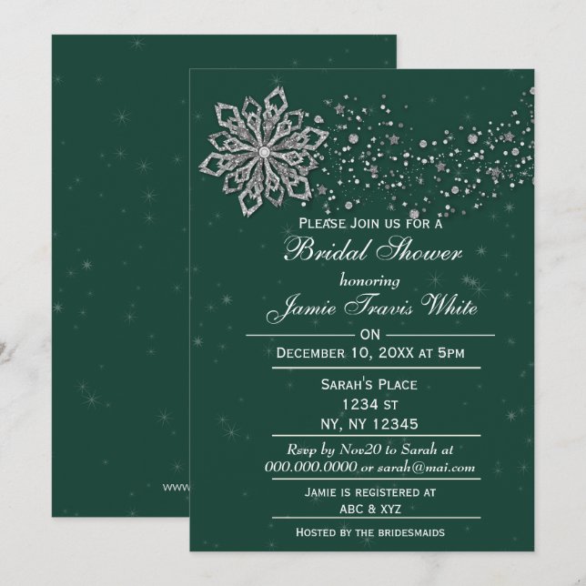 carte d'invitation de mariage d'hiver verte et arg (Devant / Derrière)