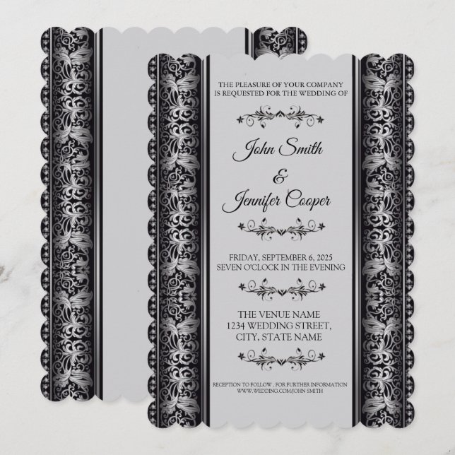 Carte d'invitation de mariage élégante argent et n (Devant / Derrière)