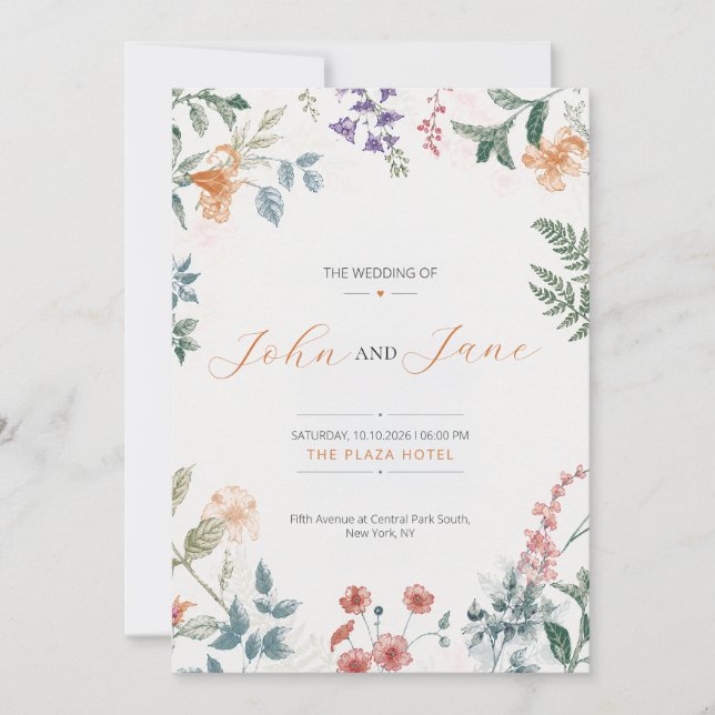 Carte d'invitation de mariage élégante botanique f (Devant)