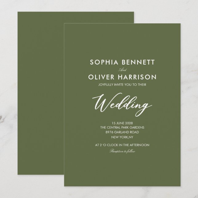 CARTE D'INVITATION DE MARIAGE ÉLÉGANTE SIMPLE VERT (Devant / Derrière)