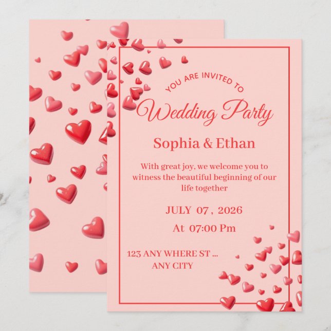 Carte d'invitation de mariage en forme de cœur rom (Devant / Derrière)