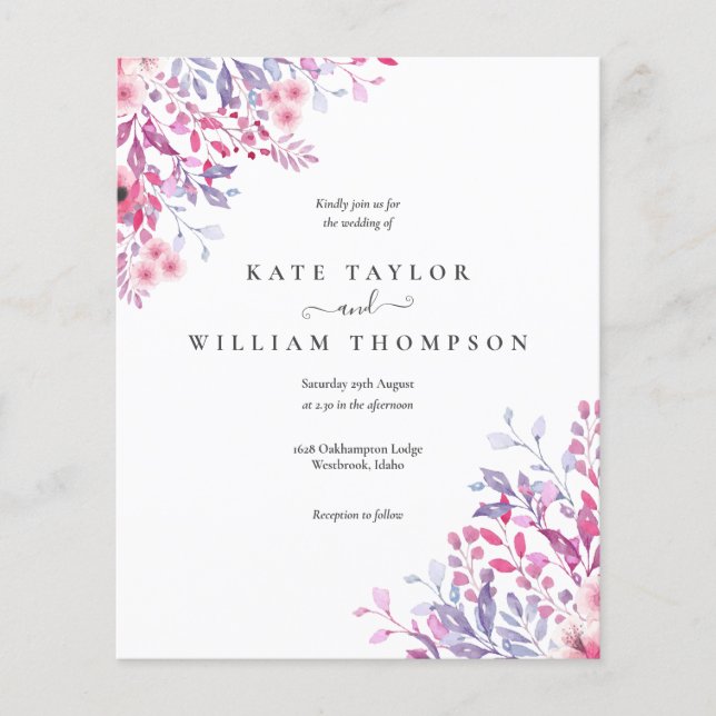 Carte d'invitation de mariage floral Budget Wildfl (Devant)