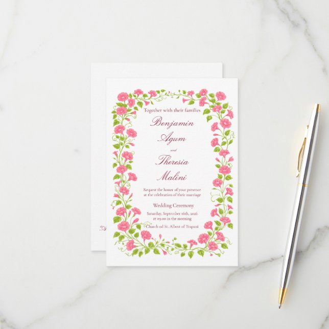 Carte d'invitation de mariage florale (Devant/Arrière en situation)