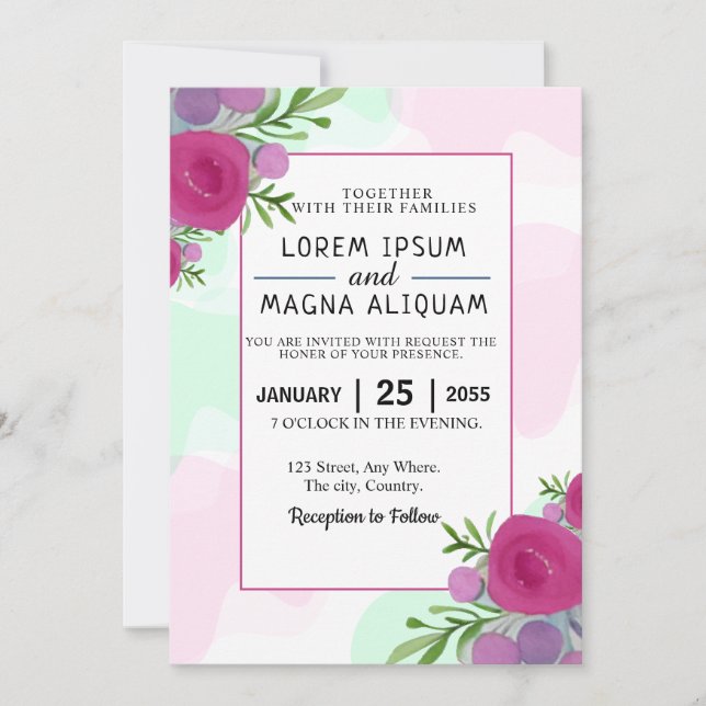 Carte d'invitation de mariage florale aquarelle de (Devant)
