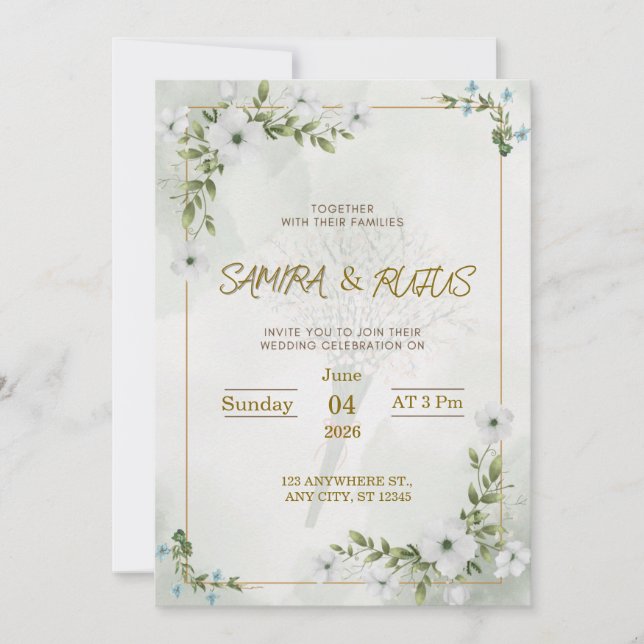 Carte d'invitation de mariage florale blanche élég (Devant)