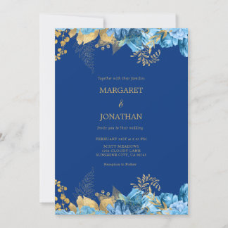 Carte d'invitation de mariage florale bleue et or
