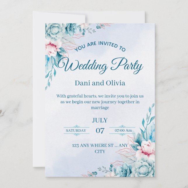 Carte d'invitation de mariage florale bleue modifi (Devant)