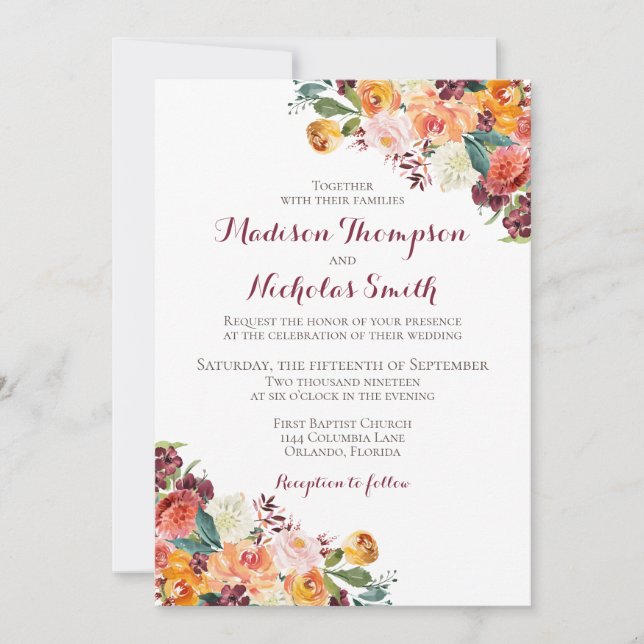 Carte d'invitation de mariage Florale d'Automne, O (Devant)