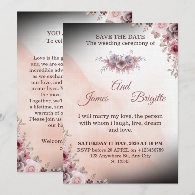 Carte d'invitation de mariage florale design moder (Devant / Derrière)
