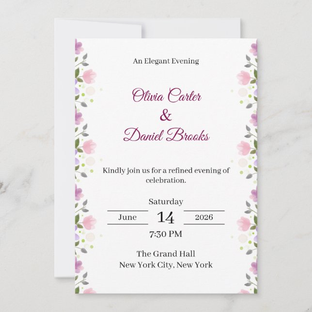 Carte d'invitation de mariage florale élégante (Devant)