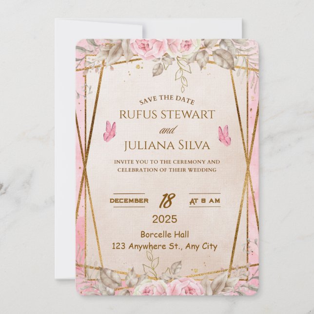 Carte d'invitation de mariage florale élégante (Devant)