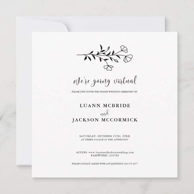 Carte d'invitation de mariage florale noir et blan (Devant)