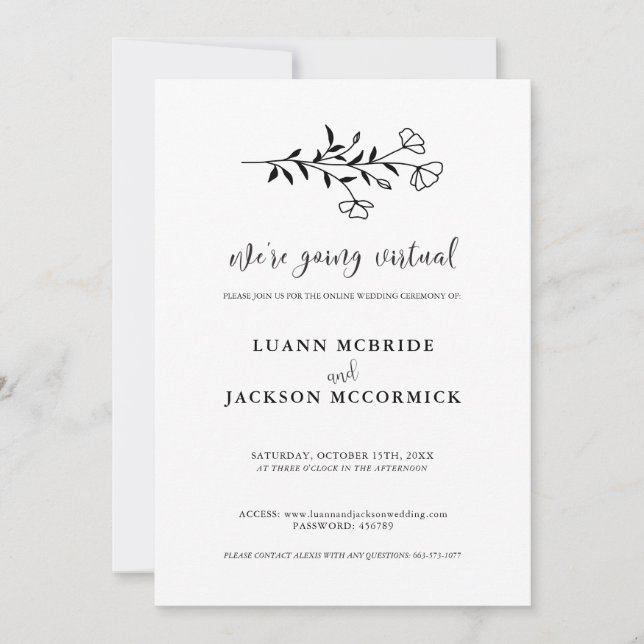 Carte d'invitation de mariage florale noir et blan (Devant)