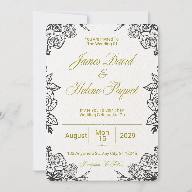Carte d'invitation de mariage florale noire et dor (Devant)