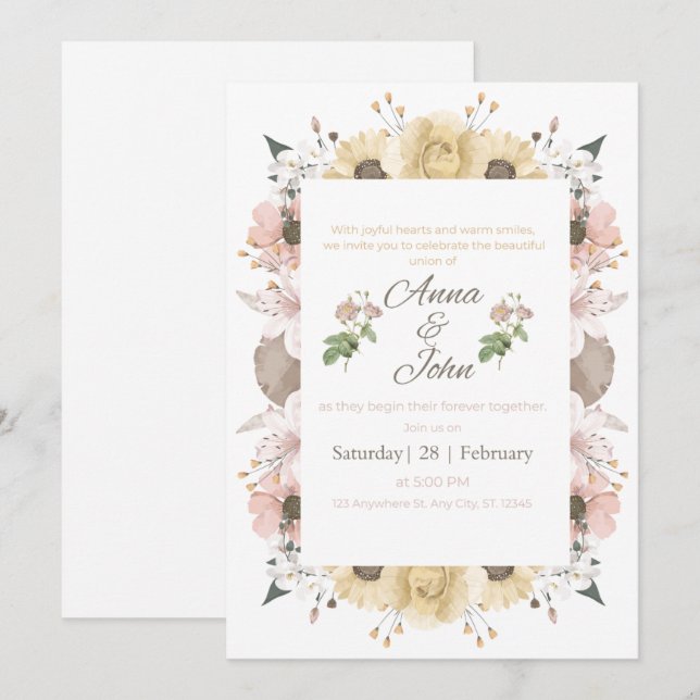 Carte d'invitation de mariage florale rose blush é (Devant / Derrière)