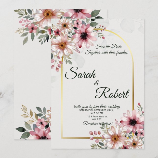 Carte d'invitation de mariage florale rose pâle él (Devant / Derrière)