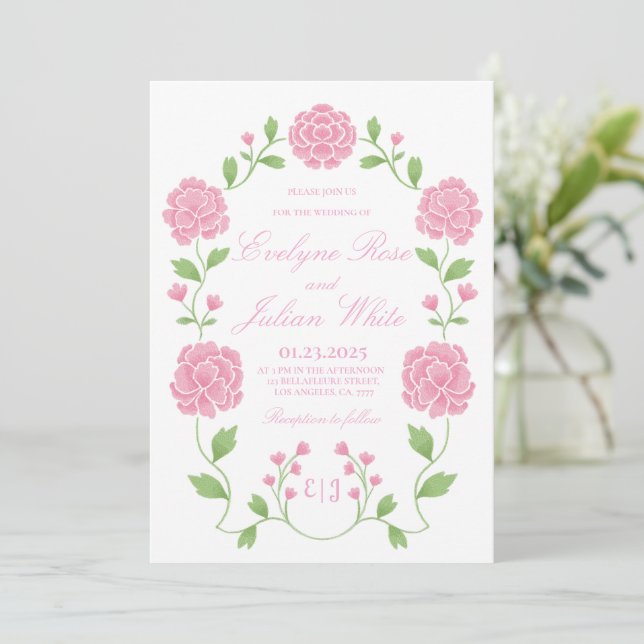 Carte d'invitation de mariage florale rose romanti (Debout devant)