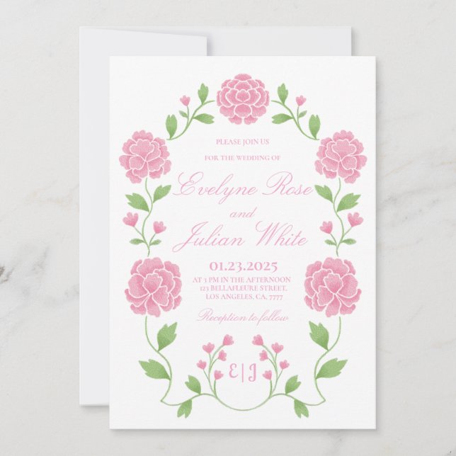 Carte d'invitation de mariage florale rose romanti (Devant)