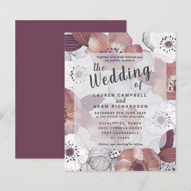 Carte d'invitation de mariage florale rouge budget (Devant / Derrière)
