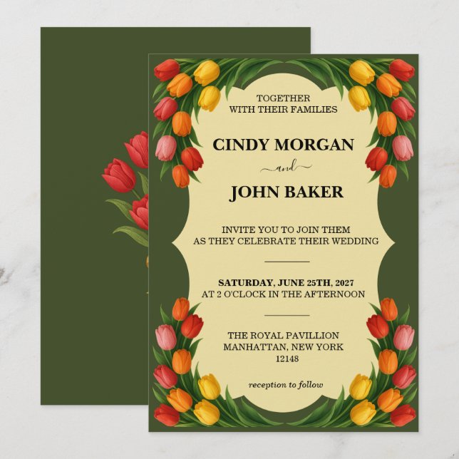 Carte d'invitation de mariage florale - Tulipes (Devant / Derrière)