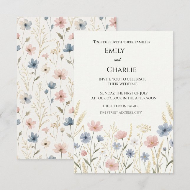 Carte d'invitation de mariage florale Wildflower  (Devant / Derrière)