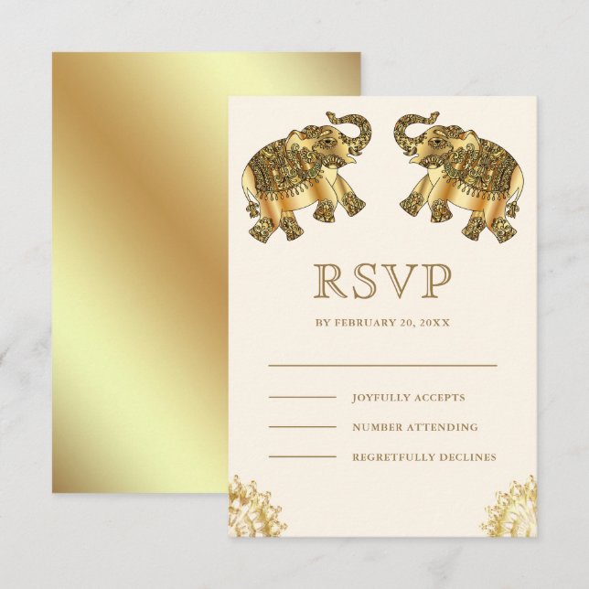 Carte d'invitation de mariage indien Cream Gold Et (Devant / Derrière)