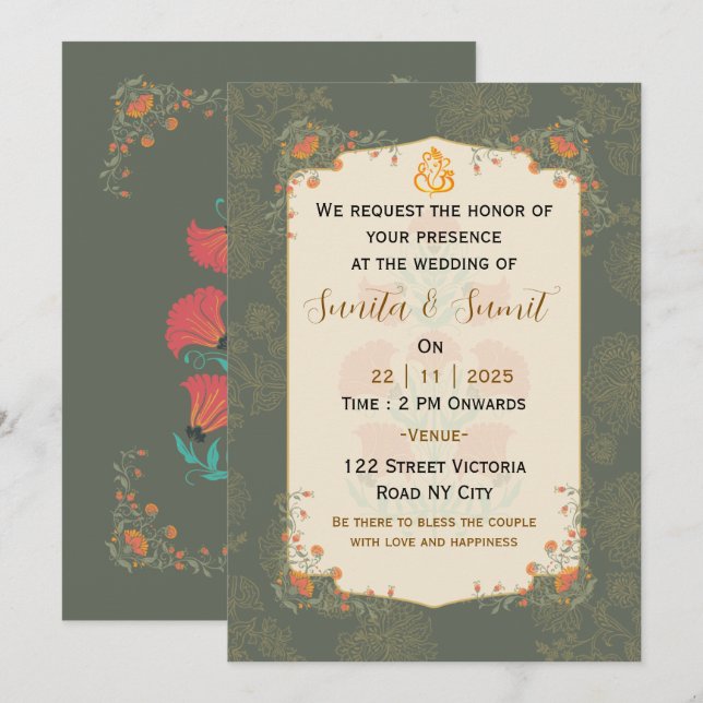 Carte d'invitation de mariage indien élégante (Devant / Derrière)